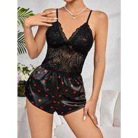 Kadın Siyah Kırmızı Kalp Desenli Saten Şort Pijama Takımı 2232