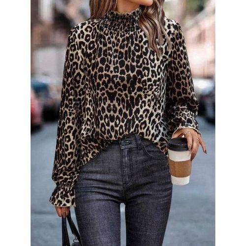 Kadın Uzun Kollu Gipe Detaylı Balıkçı Yaka Leopar Desenli Süprem Bluz