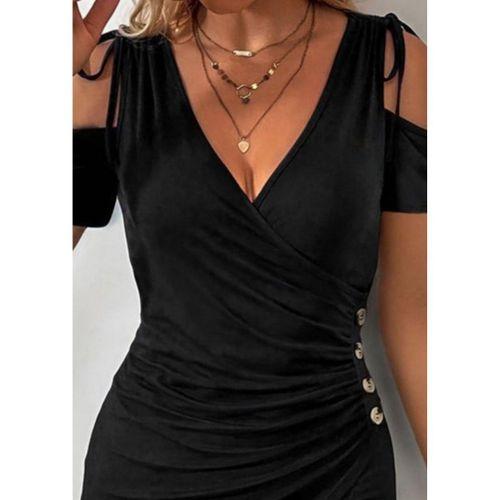 Kadın Omuzlardan Açık V Yakalı Kısa Kollu Yanlardan Büzgülü Düğme Detaylı Janjan Krep Elbise