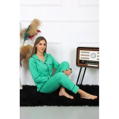 Kadın Pamuk Penye Önden Düğmeli Uzun Kol Yeşil Pijama Takım