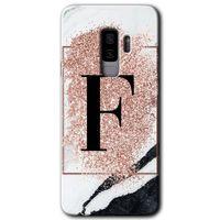 MRCİLETİSİM MRCİLETİSİM Samsung Galaxy S9 Plus Kılıf HD Desen Baskı Arka Kapak + Temperli Cam - Pembe Mermer Desenli F Harf