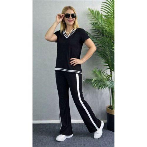 Kadın Kısa Kollu V Yakalı Viskon Iki Iplik Bluz Ve Pantolon Ikili Takım