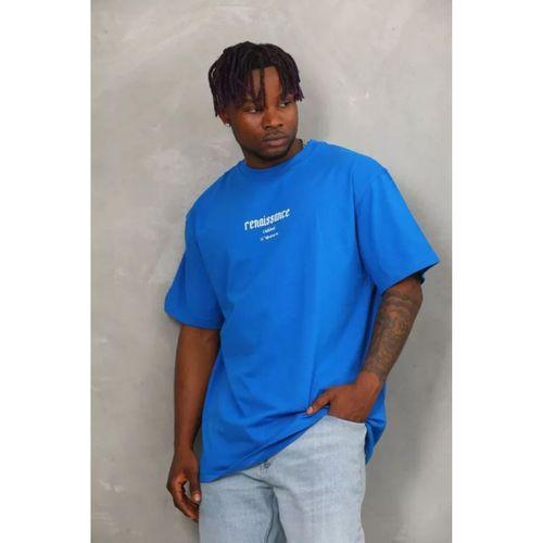 Unisex Oversize Baskılı Bisiklet Yaka T-Shirt - Mavi