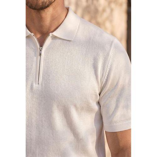 Linus Fermuarlı Polo Yaka Kısa Kollu İnce Triko Erkek T-Shirt - Ekru