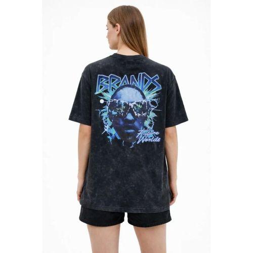 Asit Yıkamalı Oversize Tişört Future Worlds Baskılı Bisiklet Yaka Kısa Kollu Streetwear %100 Pamuk Street Style T-Shirt - Siyah