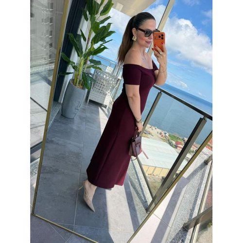 Kadın Madonna Yaka Midi Boy Modal Elbise