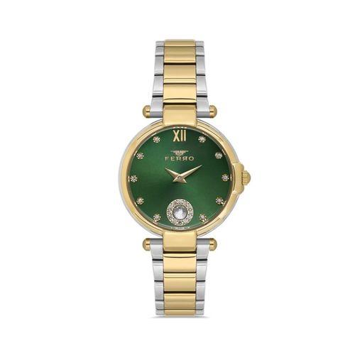 Ferro Quartz Çelik Altın/Gri Yeşil Kadran 33 mm Kadın Kol Saati