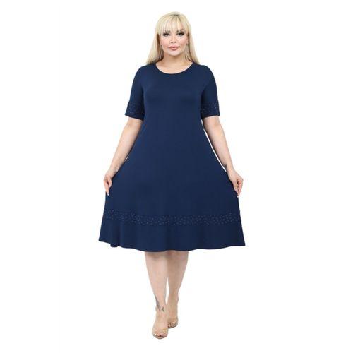 Melsay Butik Taş Baskılı Şerit Kısa Kollu Lacivert Midi Elbise