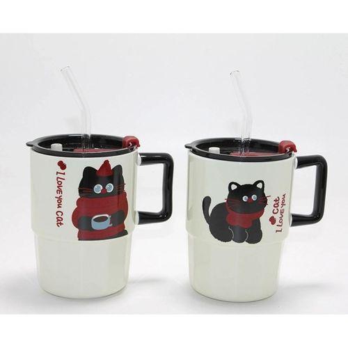 Sevimli Şaşkın Kedi Figürlü Pipetli Kapaklı Porselen Kupa Bardak Alk5042