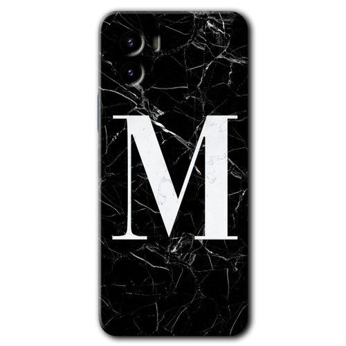 Vivo Y15s Kılıf HD Desen Baskılı Arka Kapak - Siyah Mermer Desenli M Harfi + Kırılmaz Cam