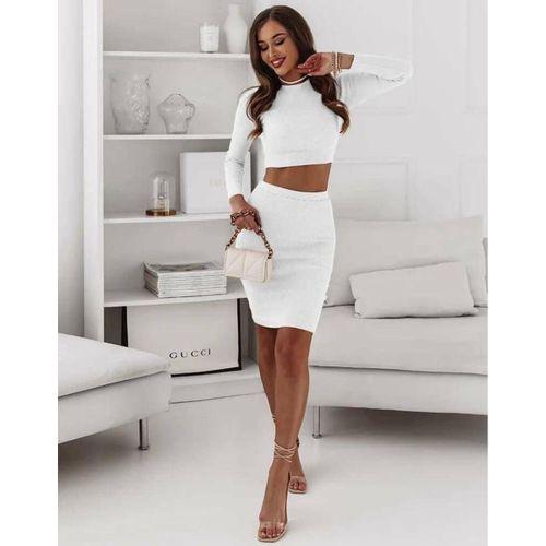 Kadın Uzun Kollubisiklet Yaka Kısa Crop Ve Yüksek Bel Mini Etek Kaşkorse Kumaş Ikili Takım