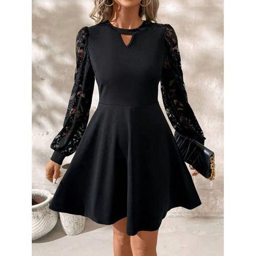 Kadın Uzun Kollu Yuvarlak Damla Detaylı Kolları Tül Detaylı Kısa Ithal Krep Elbise