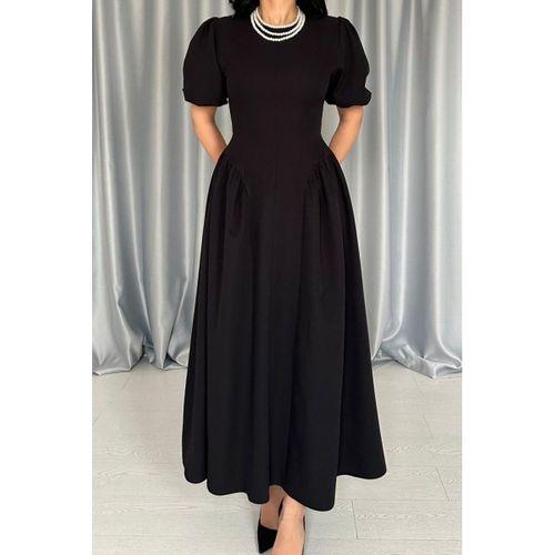 Siyah Etek Yanları Büzgülü Balon Kollu Elbise
