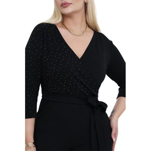 Melsay Butik Modal Kruvaze Yaka Siyah Taş Baskılı Büyük Beden Tulum