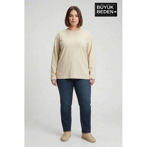 Kadın Büyük Beden Uzun Kollu 2 İplik Bisiklet Yaka Tişört