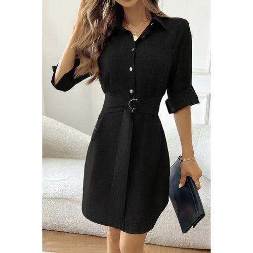 Kadın Uzun Kollu Yakalı önden Düğmeli Beli Kuşaklı Mini Ithal Keten Elbise