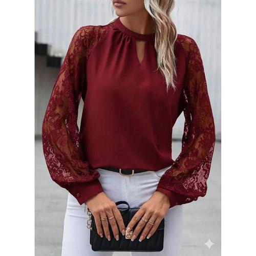 Kadın Uzun Dantel Kollu Yuvarlak Yakalı Sandy Bluz