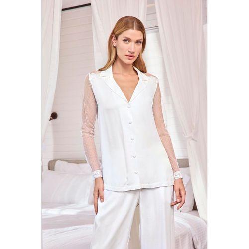 Dantelli Ve Tüllü Uzun Kollu Önü Düğmeli Saten Pijama Takımı