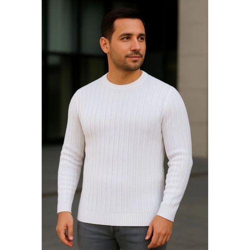 Erkek Bisiklet Yuvarlak Yaka Triko Kazak Pamuklu Kalın Fitilli Dokuma, Regular Fit Uzun Kollu Kışlık Model - Beyaz