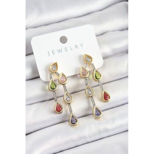 Pirinç Çoklu Damla Model Karşık Zirkon Taşlı Gold Ve Gümüş Renk Kadın Küpe