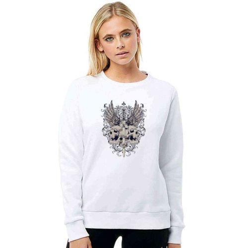 Kafatası ve Kanatlar Ile Gri Kılıç Baskılı Beyaz Kadın Sweatshirt