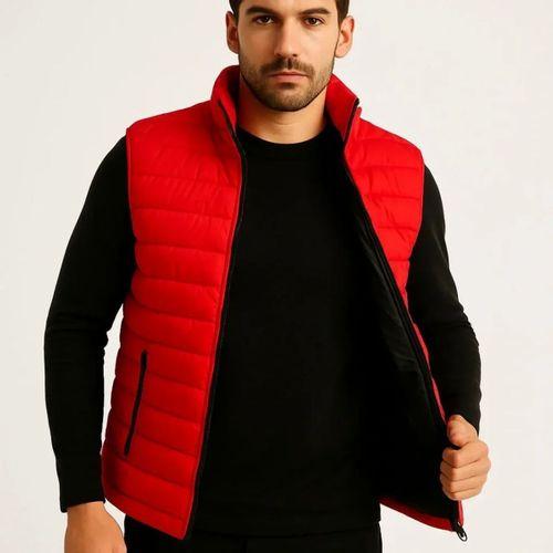 Erkek Şişme Fermuarlı Yelek Su Itici Kapitone Astarlı Kumaş Cepli Hafif Kışlık Spor Rahat Kalıp - Kırmızı