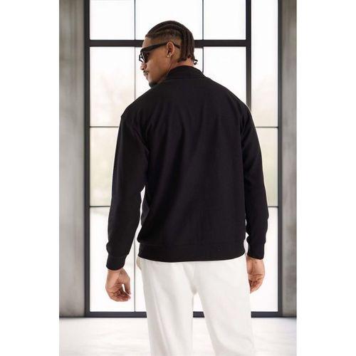 Potter Dokulu Selanik Kumaş Oversize Basic 3 Düğmeli Erkek Hırka - Siyah