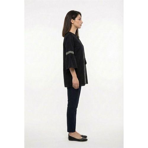 Kısa Kol Dicle Bağcıklı V Yaka Şile Bezi Yazlık Bluz Siyah Syh