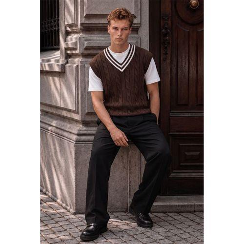 Oxford Relaxed Fit Şerit Yakalı Saç Örgülü V Yaka Erkek Triko Süveter - Kahve