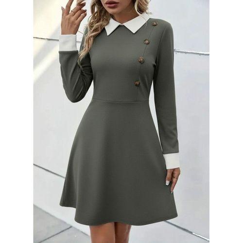 Kadın Uzun Kollu Yakalı Düğmeli çağla Yeşili Modal Mini Elbise
