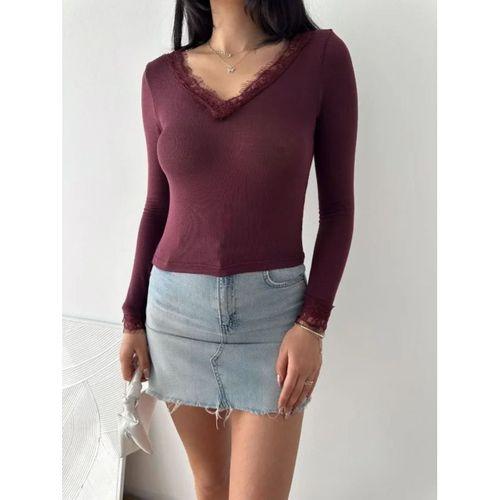 Dantel Detaylı V Yaka Arkası V Yaka Kaşmir Dokulu Uzun Kollu Bluz - Bordo