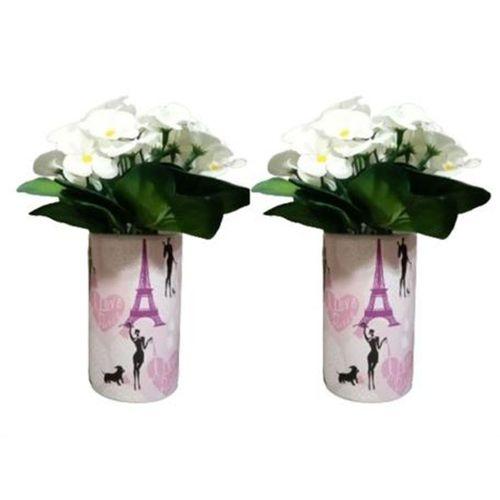 2 Adet Vazo Dahil,Vazoda Çiçek,Beyaz Yapay Çiçek,Vazo Dekoratif Kızlı Paris Desenli 7X7X16Cm