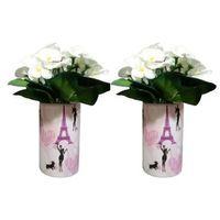 2 Adet Vazo Dahil,Vazoda Çiçek,Beyaz Yapay Çiçek,Vazo Dekoratif Kızlı Paris Desenli 7X7X16Cm