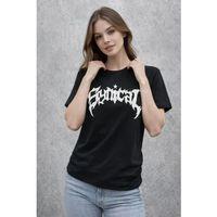 Bisiklet Yaka Ön Baskılı  Kısa Kollu Tişört Streetwear Günlük Basic Pamuklu T-shirt - Siyah