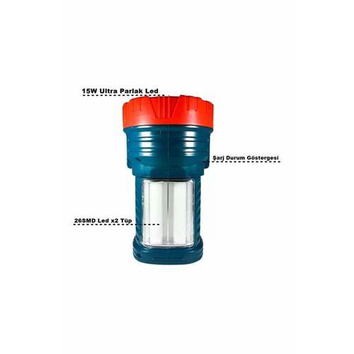 Silver Projektör 15w Led Şarjlı El Feneri Ve X2 Tüp 26smd Led Çift Yönlü