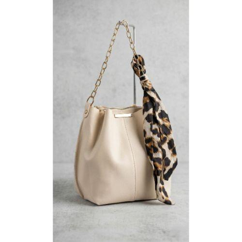 Leopar Desenli Fular Detaylı Krem Rengi Çanta