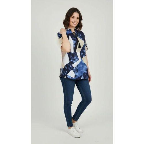 Desenli Püsküllü Viskon Bluz Bebe Yaka Kısa Kollu Big Size Rahat Kesim - Desenli