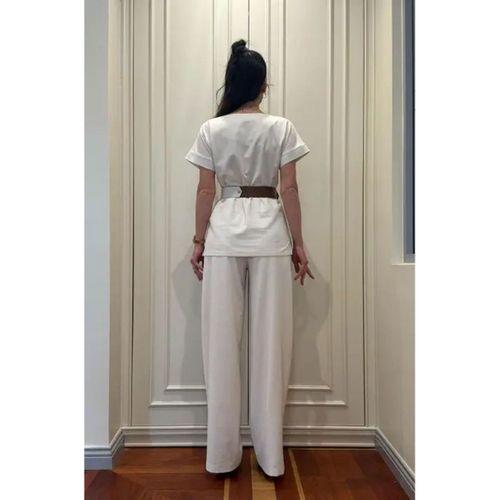 Trend Kadın Krem Keten Dokulu Bol Paça Pantolon ve Kısa Kollu Bluz Takımı