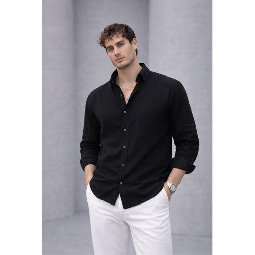 Scott – Soft Dokulu Yarım Oversize Modern Keten Görünümlü Erkek Gömlek - Siyah