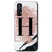 Realme 7 Kılıf HD Desen Baskılı Arka Kapak + Temperli Cam - Pembe Mermer Desenli H Harfi