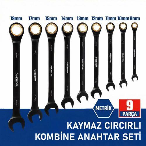 WORKPRO WP202602 8-19mm 9 Parça CR-V Profesyonel Cırcır Kombine Anahtar Takımı + Bez Taşıma Kılıfı