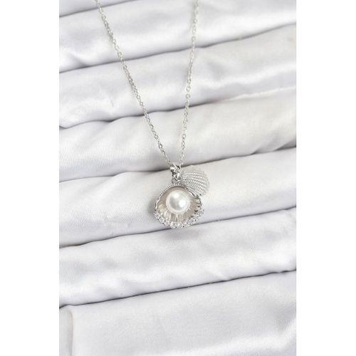 316L Çelik Zincir Gümüş Renk İncili Deniz Kabuğu Model Zirkon Taşlı Kadın Kolye