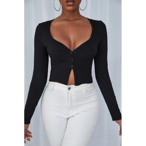 Kadın Siyah Uzun Kollu Düğme Detaylı Göğüs Ve Göbek Dekolteli Crop Top Bluz Premium Stil