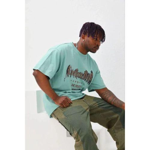 Erkek Baskılı T-Shirt Kısa Kol Bisiklet Yaka Regular Fit Rahat Kalıp Günlük Tişört - Mint Yeşili