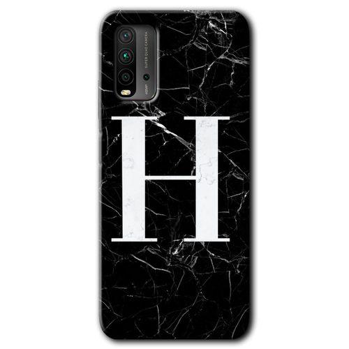 MRCİLETİSİM Xiaomi Redmi 9T Kılıf HD Desen Baskılı Arka Kapak + Temperli Cam - Siyah Mermer Desenli H Harfi