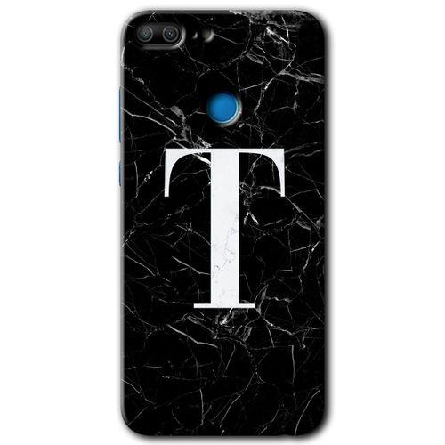 MRCİLETİSİM Honor 9 Lite Kılıf HD Desen Baskılı Arka Kapak + Temperli Cam - Siyah Mermer Desenli T Harfi