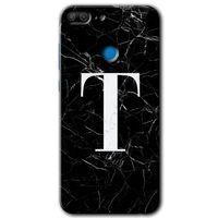 MRCİLETİSİM Honor 9 Lite Kılıf HD Desen Baskılı Arka Kapak + Temperli Cam - Siyah Mermer Desenli T Harfi
