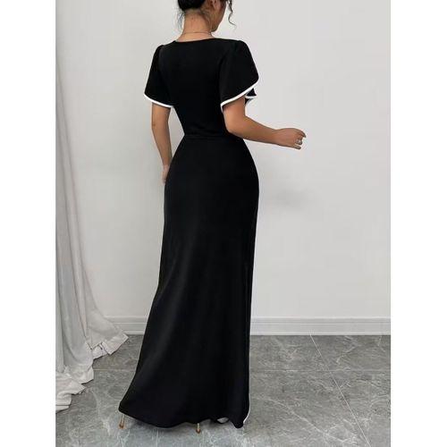 Kadın Kısa Kollu Kare Yakalı önden çapraz Kesim Detaylı Krep Elbise