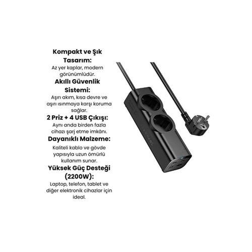 67w Hızlı Şarjlı Akıllı Çoklu Priz – 2000w Güç, 2 Usb-c + 2 Usb-a Çıkışlı, Telefon & Laptop Uyumlu