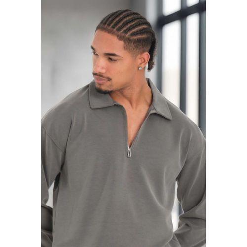 Scuba Modal Kumaş Relaxed Fit Yarım Fermuarlı Polo Yaka Erkek Sweatshirt - Füme